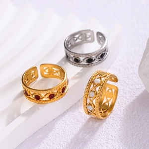 Vintage gold and silver hollowed-out stainless steel open rings with enamel inlay set