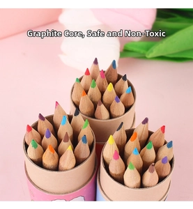 Detailed view of 12-piece colored pencil sets in decorative tubes with graphite core