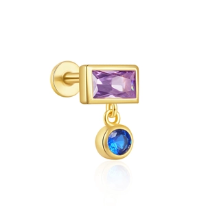 Macro detail of gold S925 silver stud with rectangular purple and round blue gemstones