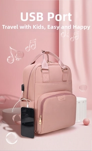 Detailed view of the pink mommy backpack featuring an external USB charging port interface
