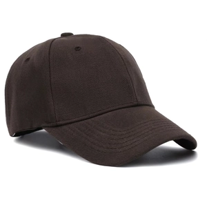 Side view of dark brown twill cotton baseball cap with detailed stitching on plain white background