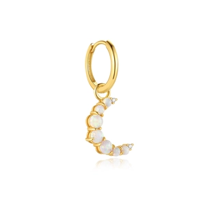 Detail view of gold hoop earrings featuring crescent moon pendants with white opal inlay