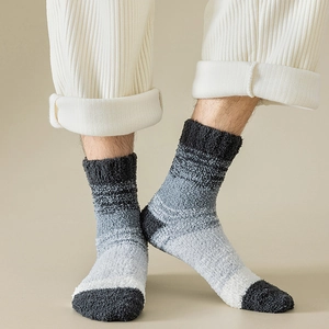 Men's thickened coral fleece sleep socks with black and grey gradient fuzzy texture