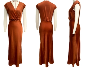 Three-way view showing the wrap V-neck and satin finish of the caramel formal dress