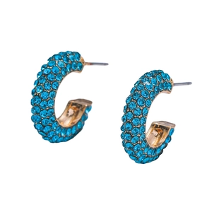 Chic golden C-shaped hoop earrings with sparkling blue rhinestones for women