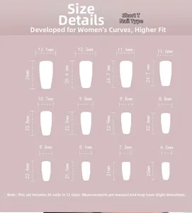 Size chart showing 24 pieces of short T-shape press-on nails in 12 different dimensions