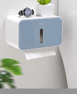 Detail of wall-mounted waterproof tissue box with top storage shelf and viewing window