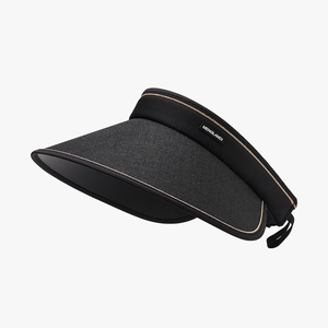 Women's black UV protection sun visor with wide brim and elegant woven texture