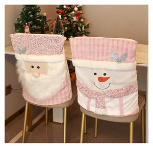 Pink Christmas chair covers with Santa and snowman motifs featuring purple sequins detail