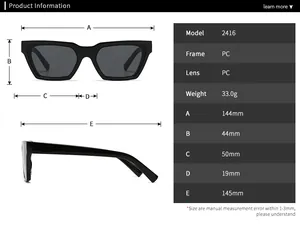 Detailed dimension chart for 2416 cat eye sunglasses with frame and lens measurements