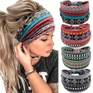 Detailed set of five bohemian patterned wide headbands showing ethnic geometric prints