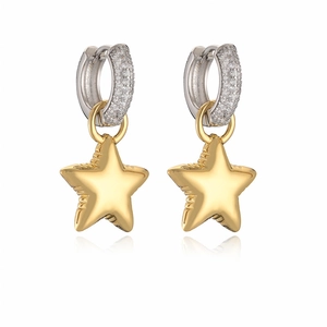 Elegant gold star drop earrings with silver pave cubic zirconia hoops on white background