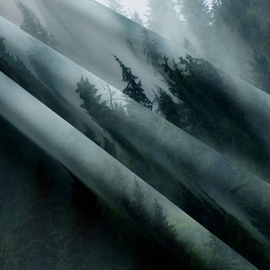Macro detail of foggy forest tapestry fabric showing fine cross texture and drape