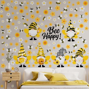 Bee and gnome theme wall stickers with sunflower decorations for bedroom wall decor