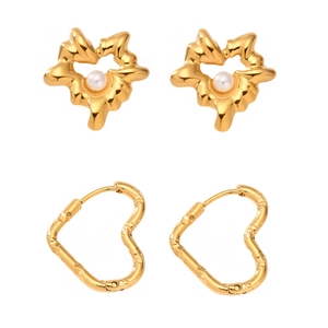 304 stainless steel heart earrings with textured pattern and elegant pearl inlay set
