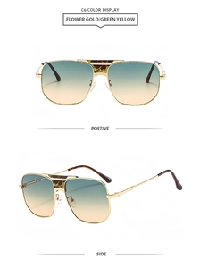 Dettaglio frontale e laterale occhiali aviator C6 con montatura oro e lenti verde-giallo
