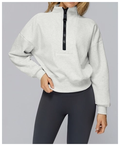 Detail of light grey quarter-zip sweatshirt with black zipper and ribbed cuffs for women