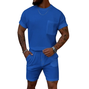 Men's royal blue waffle knit t-shirt and shorts set with a crew neck and pocket