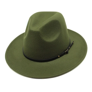 Classic dark green wool fedora hat with a black leather band and gold metal buckle