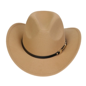 Detail view of khaki wool felt western hat featuring black leather belt and gold buckle