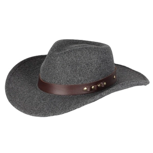 Classic dark grey wool felt fedora hat with brown leather band and gold metal studs