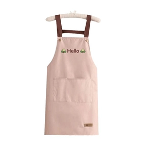 Pink waterproof kitchen apron with Hello embroidery and adjustable brown neck strap