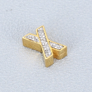 Polished gold stainless steel X-shaped pendant with sparkling clear crystals for jewelry
