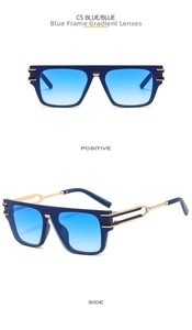 Front and side view of modern blue square sunglasses with gradient lenses and gold temples