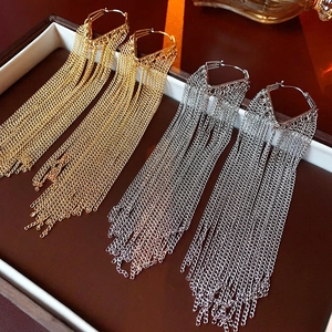 Geometric Metal Tassel Dangle Earrings With Silver Earring Post Long Fringe Fashion Statement For Women