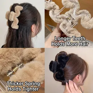 Large plush wavy hair claw clip with extended teeth and reinforced spring for women