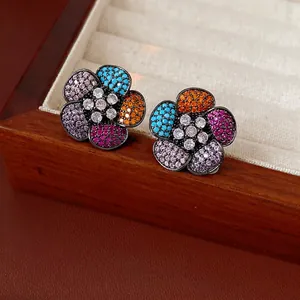 Vintage Multi Color Zirconia Flower Stud Earrings Copper With Silver Earring Post Luxury Retro Style For Women