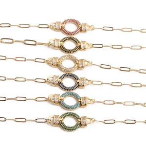 Fashion Hip Hop Bracelet Copper With Multi Color Zircon Round Charm Adjustable Paperclip Chain Jewelry