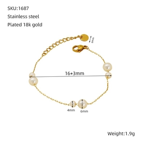 Détail du bracelet en acier inoxydable plaqué or 18 carats avec perles et dimensions
