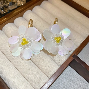 Detailed close-up of zircon floral sequin earrings with gold-plated hooks in a jewelry box