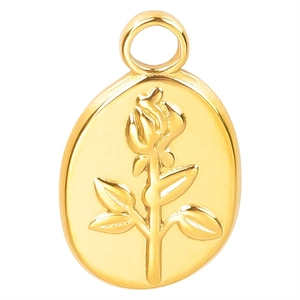 Elegant 18k gold plated oval necklace pendant with embossed rose flower design on white background