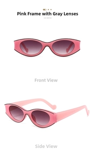 Detailed front and side view of pink oval cat-eye sunglasses with gradient grey lenses