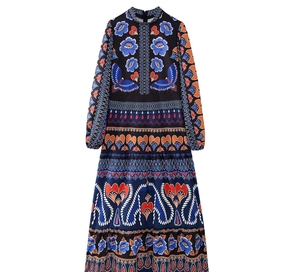 Detail of stand collar floral dress with vibrant blue flowers and orange heart patterns