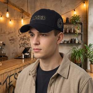 Classic navy cotton baseball cap with gold NY&ED embroidery and side patch logo