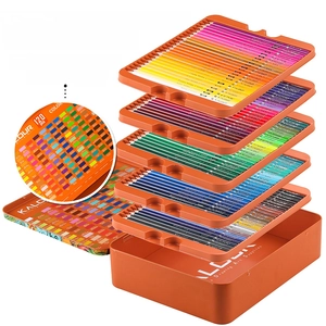 Detailed view of 120 colored pencils set with five organized trays and color chart