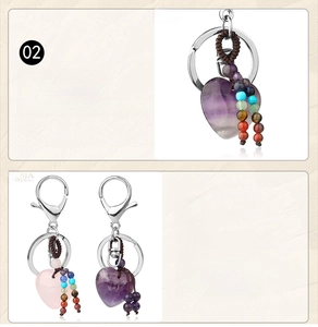 Detail of heart-shaped natural crystal keychains with colorful beads and woven tassels
