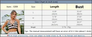 Size chart detail for striped crochet halter bikini top showing S, M, L measurements