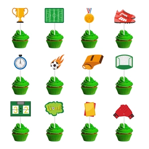Soccer party cupcake toppers with goal, trophy and football designs for birthday decoration