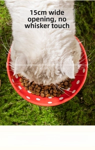Top view of 15cm red polka dot ceramic cat bowl for whisker fatigue prevention