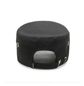 Detail view of adjustable metal buckle and breathable holes on black military cadet cap