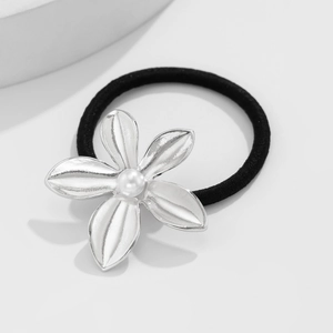 Elegant floral hair tie featuring a silver five-petal flower with a central faux pearl