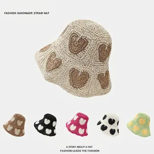 Handmade Crochet Paper Straw Bucket Hat Heart Pattern Wide Brim Foldable Breathable Summer Beach Sun Hat For Women