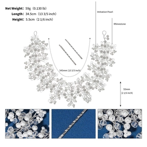 Detailed size specifications for crystal pearl bridal headband with rhinestones and hair clips