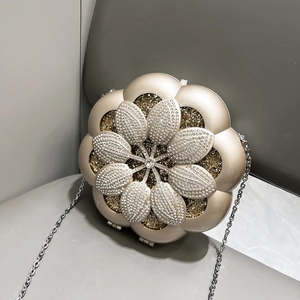 Champagne gold flower evening clutch bag with crystals and silver chain strap