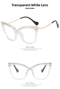 Cat eye glasses frame in transparent finish with slim gold metal temples for women