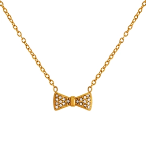 Élégant collier nœud doré avec strass blancs scintillants sur une fine chaîne à maillons